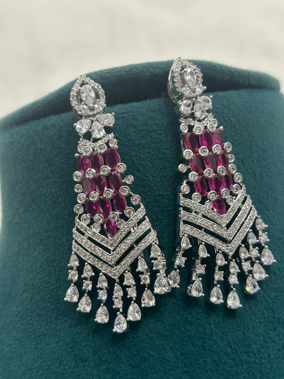 Ruby & Diamond Choker Necklace Set with Long Earrings – Luxury CZ Jewellery